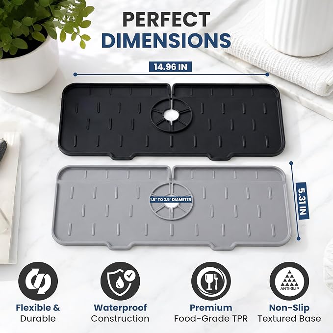 Faucet Splash Guard Mat for Kitchen Sink, Adjustable Center Hole, Self-Draining - Image 2