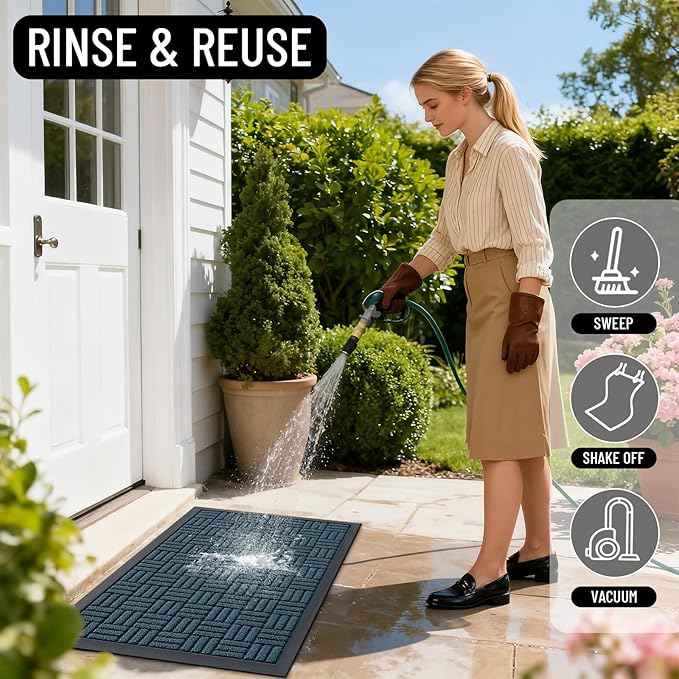 OLANLY Front Door Mat Outside Entrance 33x21, Absorbent, Heavy Duty Sturdy Natural Rubber Doormat Indoor Outdoor, Non-Slip, Stain and Fade Resistant, Low Profile Floor Mat for Entryway, Lake Blue