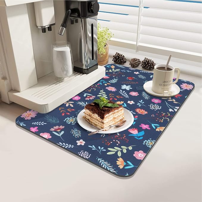 LOKHOM 12"x20" Dish Drying Mat，Colorful Floral Coffee Mat Blue | Colorful - Image 2