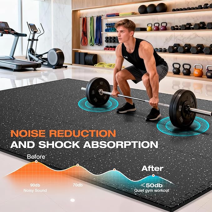0.4'' Thick 12 Pcs 48 Sq Ft Non-Slip Rubber Top Exercise Equipment Mats, High Density EVA Foam Mats with Rubber Top, Interlocking Puzzle Gym Flooring for Home Gym, Workout Floor Mats, Black