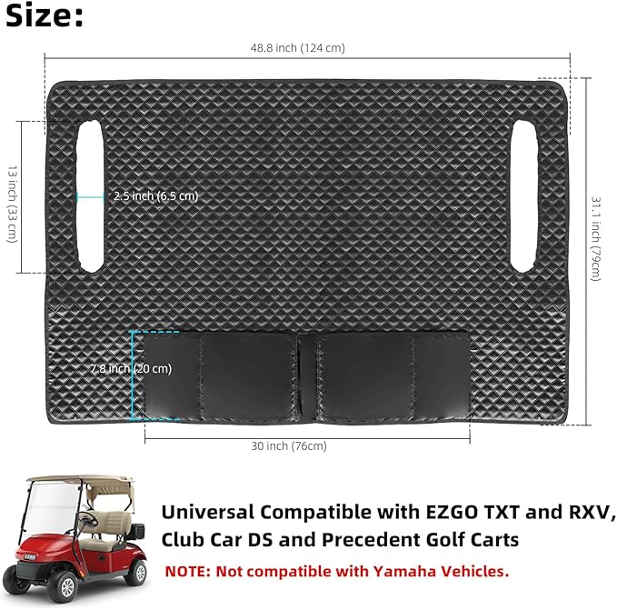 Roykaw Golf Cart Seat Cover, Golf Cart Seat Blanket w/Double Layer Universal Compatible with EZGO TXT RXV/Club Car DS Precedent 2 Seat Golf Carts, w/ 4 Storage Pockets, Easy to Use & Clean, Black
