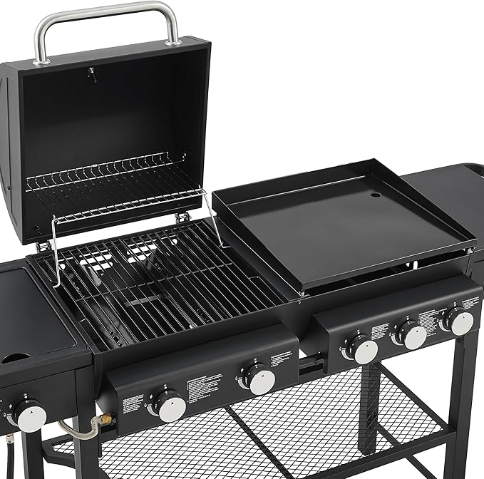 5-Burner Propane Gas Grill with Grilling & Griddling Functions-751 Sq Inch Cooking Space,56000 BTU Output,3-in-1 Combo (Gas Grill + Flat Griddle + Side Burner),Easy-Clean Enamel-Coated Grates
