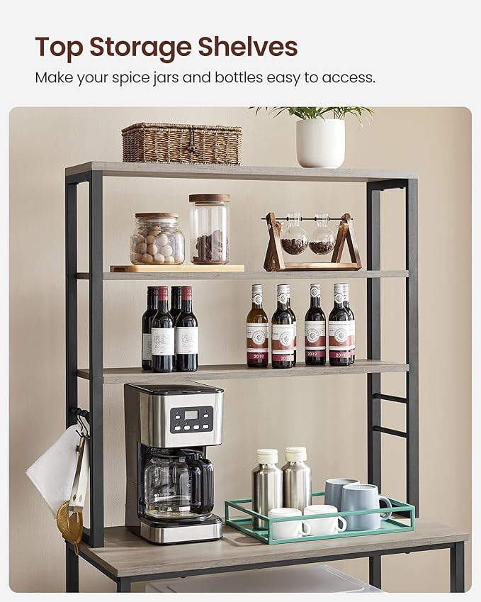 VASAGLE Coffee Bar, 31.5 Inches Baker's Rack for Kitchen with Storage, 6-Tier Kitchen Shelves with 6 Hooks, Microwave Stand, Industrial, Heather Greige and Ink Black UKKS019B02