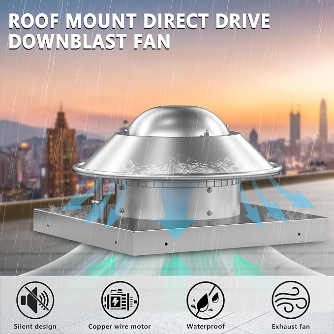 Direct Drive Axial Downblast Exhaust Fan Roof Exhaust Fan -19" Fan Base, 1/30 HP 115 Volt Single Phase Motor 500 CFM, ETL Listed