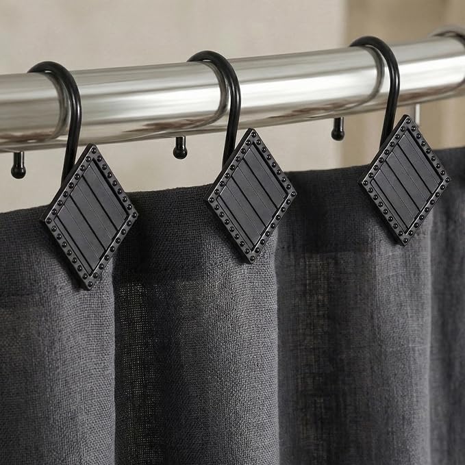 Matte Black Shower Curtain Hooks: 12PCS Geometric Bathroom Curtain Rings | by PopKozzi