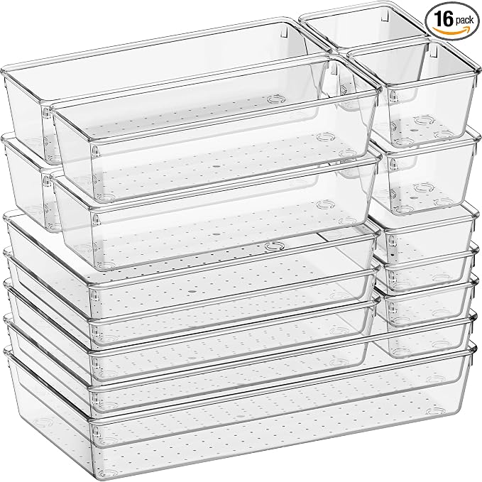 16 Pack Large Clear Plastic Drawer Organizer Bins by Criusia