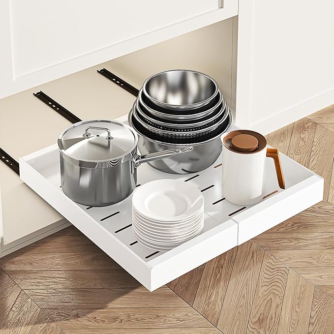 LEGUANG Expandable Pull-Out Cabinet Organizers (12.6-20.4" W x 21" D) - Upgraded 3 Quiet Slide Rails, Nano-Film Adhesive Fixing, White, Fit Kitchen/Living Room/Bathroom/Vanity