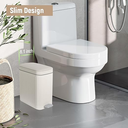 Small Bathroom Trash Can with Lid, 2.6 Gallon Slim Soft Close Step, Cream | - Image 2