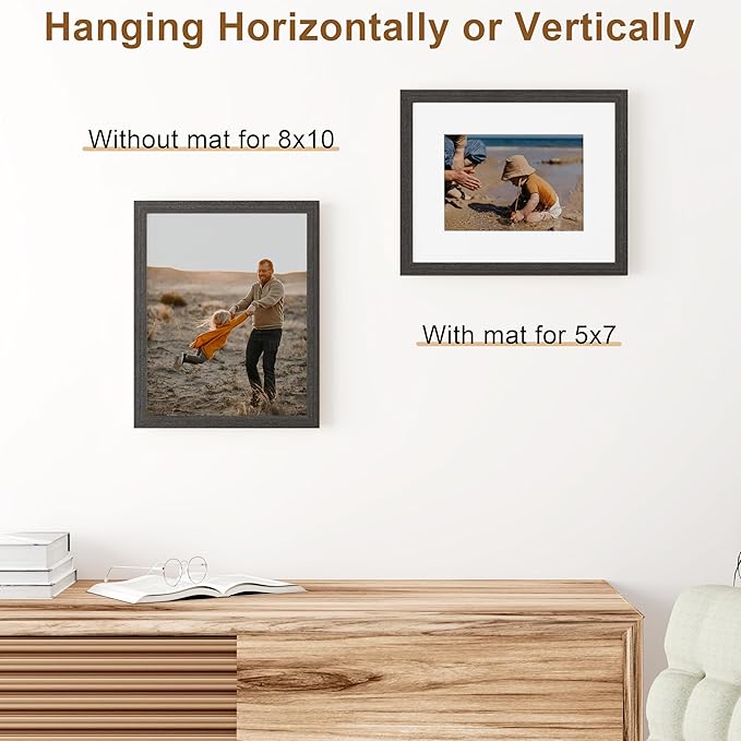 Vittanly 8x10 Picture Frame, Solid Wood Frame with Plexiglass, Includes 5x7 Mat, Wall Hanging or Tabletop for Home Decor, Black, 1 Pack
