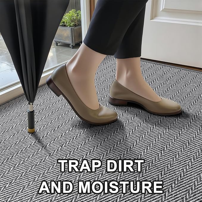 Ultra Thin Door Mat Indoor Entrance 24"x47", Low-Profile Indoor Door Mat, Non Slip Entry Mat Rubber Backing Unique Herringbone Design Inside Doormat Dirt Trapper Entryway Mats, Grey