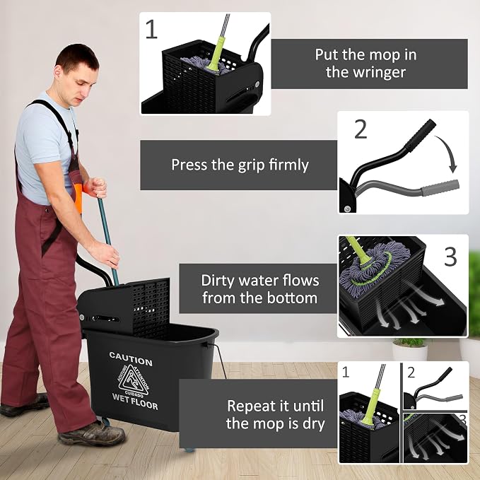 HOMCOM Commercial Mop Bucket Side Press Wringer Wheels 21 Quart Black - Image 5