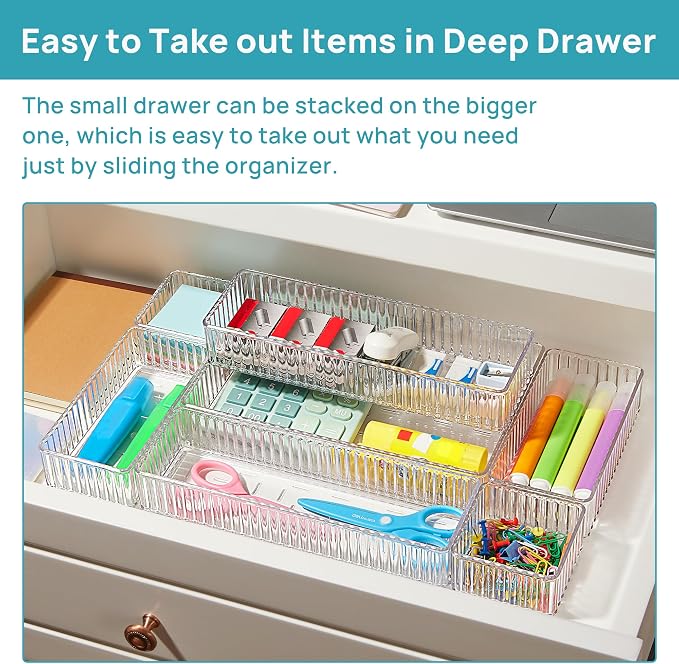 Vtopmart 7 PCS Clear Makeup Drawer Organizers Bins, 4-Size Stackable Makeup and - Image 4