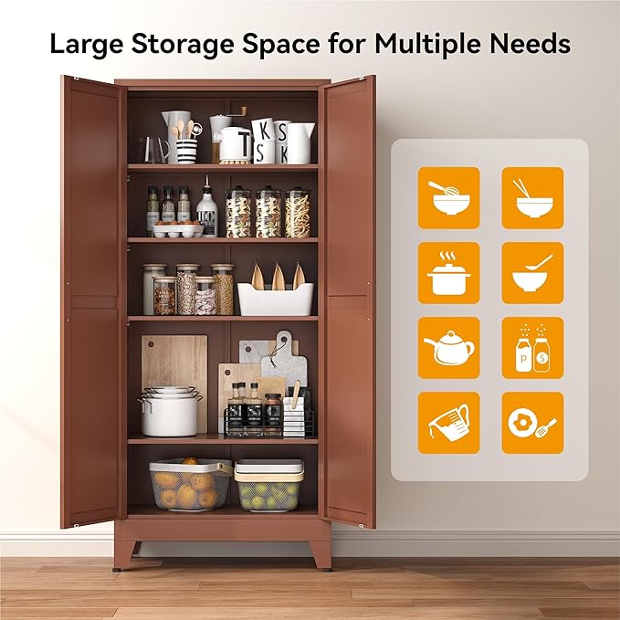 COFaR 71" Classic Pantry Cabinet in Brown, 5-Tier Storage with Adjustable Shelves, Wood-Tone Cupboard for Kitchen, Office & Living Room Organization