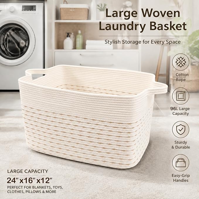65L Large Laundry Basket with Handles, Woven Blanket Basket - Image 5