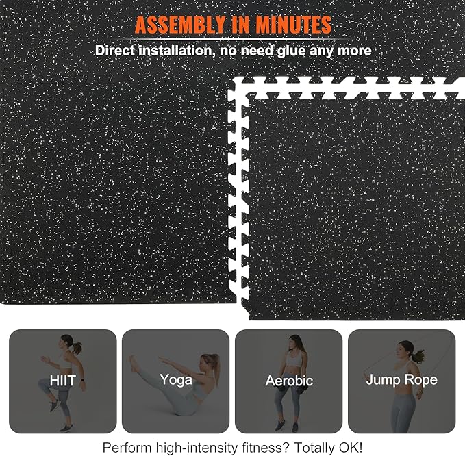 VEVOR 0.56Inch 48sq.ft 12 Tiles Gym Flooring for Home Gym, Rubber Top with High Density EVA Foam, 25 x 25In Gym Floor Exercise Equipment Mats, Interlocking Gym Mats, Puzzle Workout Mats, Black & Gray