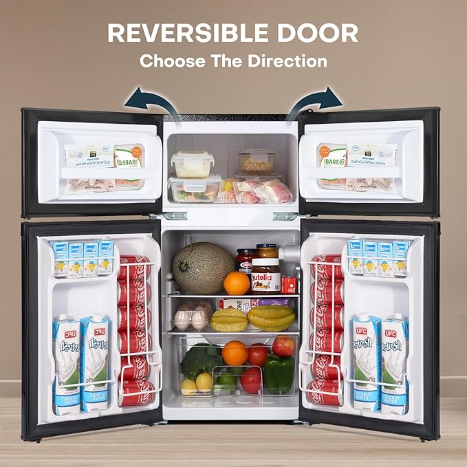 Upstreman 3.1 Cu.Ft Mini Fridge with Freezer, Double Door Small Fridge, Dorm Essentials, Adjustable Thermostat, Energy Saving, Mini Refrigerator for Office, Dorm, Bedroom, Black