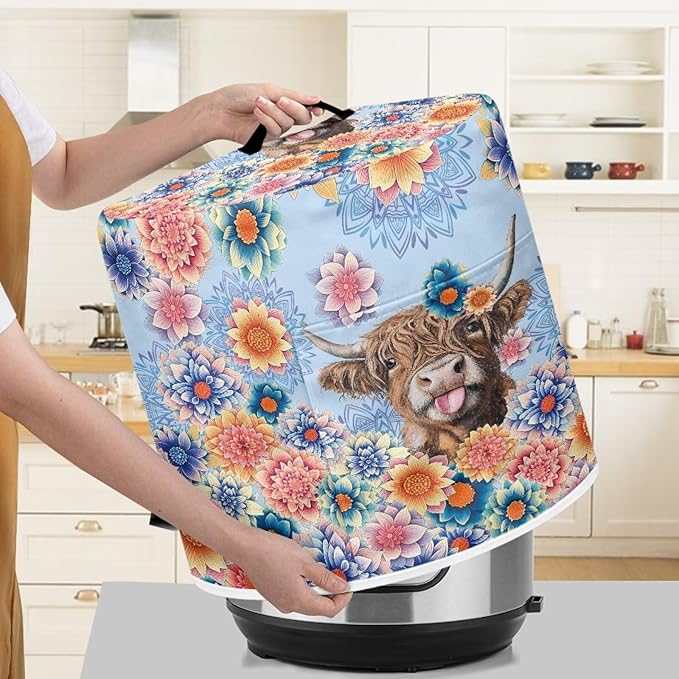 Xoenoiee Electric Pressure Cooker Cover Boho Mandala Highland Cattle Pattern Kitchen Appliance Dust Cover with Pockets, Compatible with Crock Pot, Rice Cooker, for 6 Qt Pot