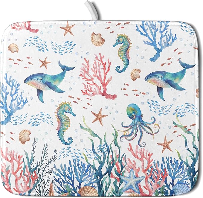 Giwawa Coastal Ocean Dish Drying Mat Seahorse Whales Drainer Rack Mats 16"x18" by Giwawa