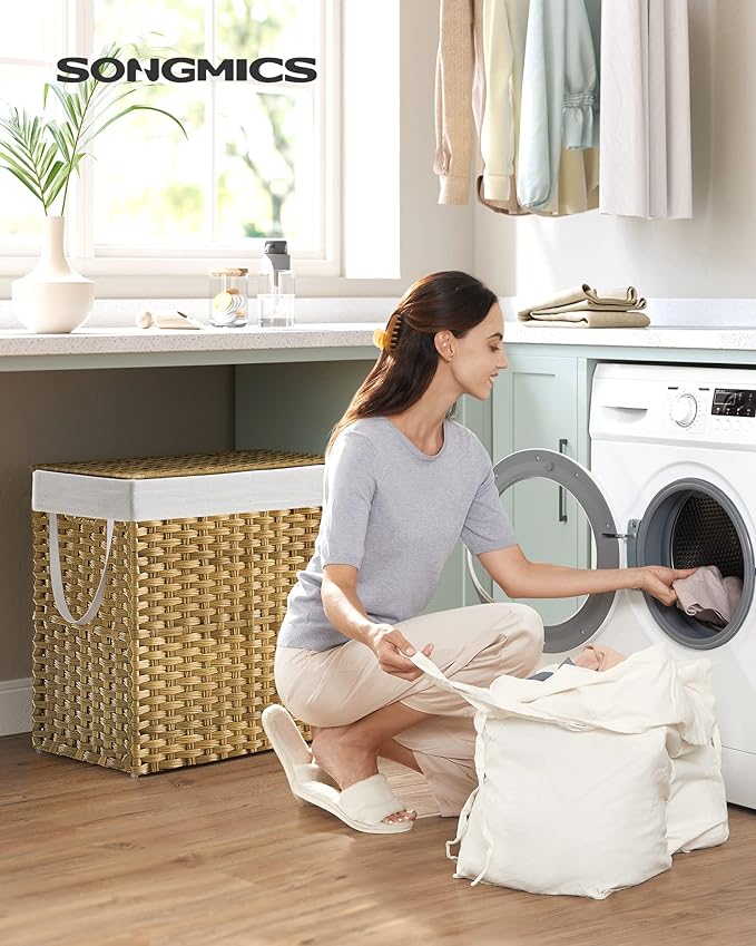 SONGMICS Laundry Hamper with Lid, 130L Double Wicker Basket, 6 Mesh Bags - Image 2