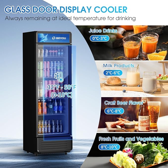 BEYOU Commercial Beverage Refrigerator, 12.2 cu. Ft Upright Display Merchandiser with single Glass Door, Drink Cooler for Living Room,Bar,Garage（Black）