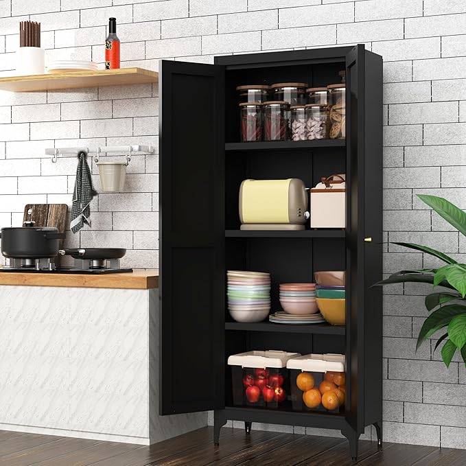Tall Pantry Cabinet, 65" Kitchen Cupboard with Doors and Adjustable Shelves, Food Pantry Cabinets, Metal Hutch Cabinet with Storage for Kitchen, Living Room, Dining Room, Black