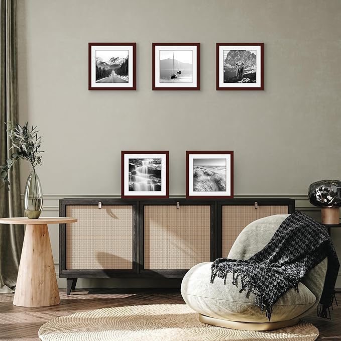 Americanflat 10x10 Picture Frame with Plexiglass - Set of 5 - Use as 8x8 Frame with Mat or Display 10x10 Photo Without Mat - Galleria Collection - Square Frames for Tabletop or Wall - Mahogany