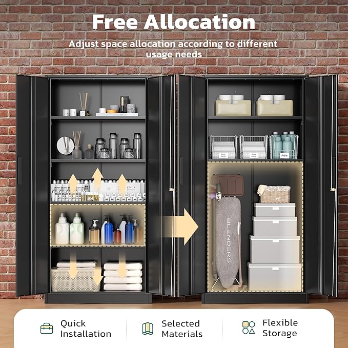 Greenvelly 72" H Metal Storage Cabinet, 32" W x 16" D Black Metal Cabinet with 2 Doors and 4 Adjustable Shelves, Locking Cabinets for Office, Home, Garage, School