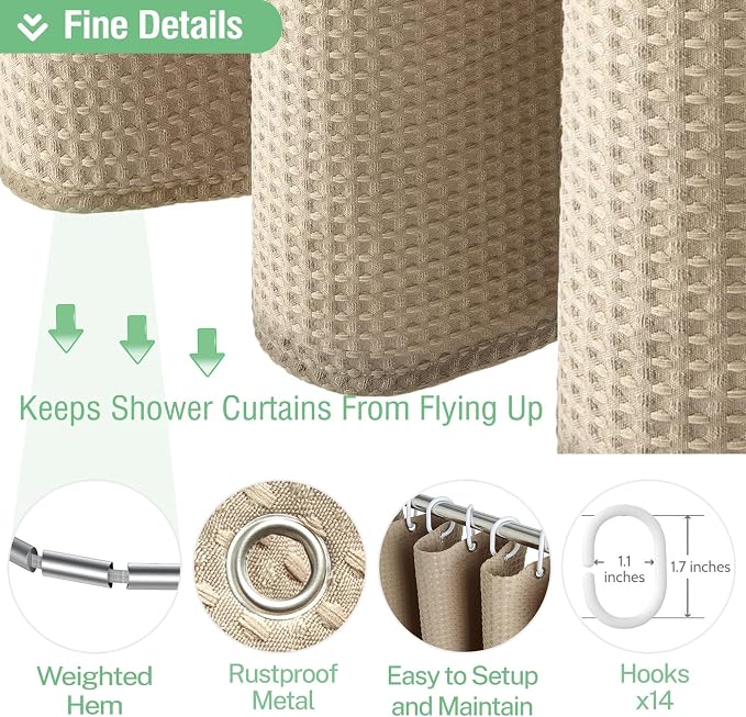 Dynamene Extra Wide Waffle Shower Curtain 256 GSM Fabric 84x72 Beige/Khaki - Image 5