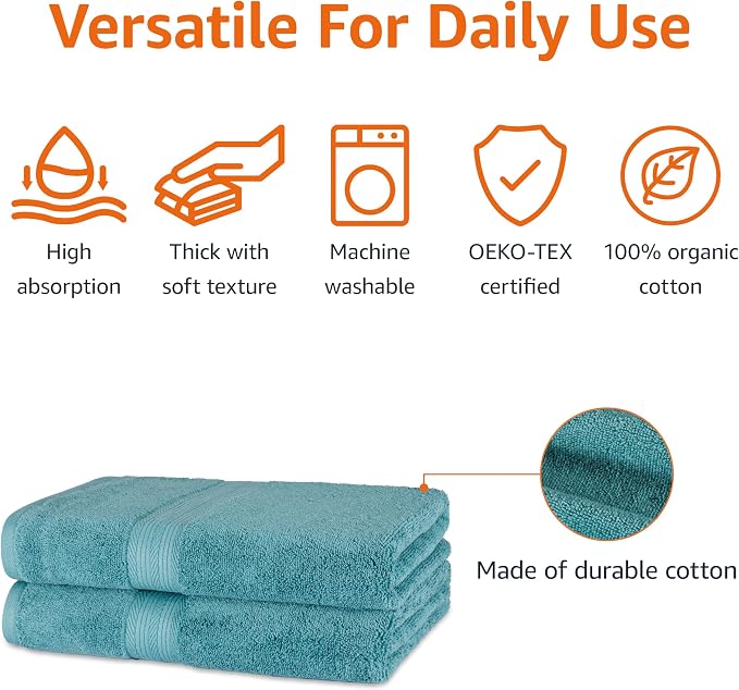 Amazon Basics Fade-Resistant 100% Cotton Bath Towel, Teal Green - Image 2