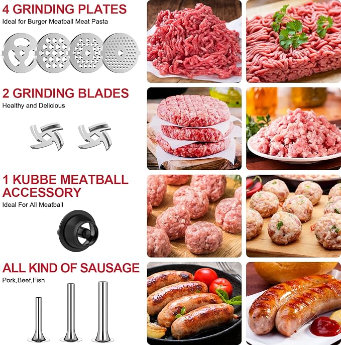 Metal Food Grinder Attachment for KitchenAid Stand Mixers, Meat Grinder for Kitchen Aid Included 3 Sausage Stuffer Tubes, 4 Grinding Plates, 2 Grinding Blades, Kubbe Meat Processor Accessories