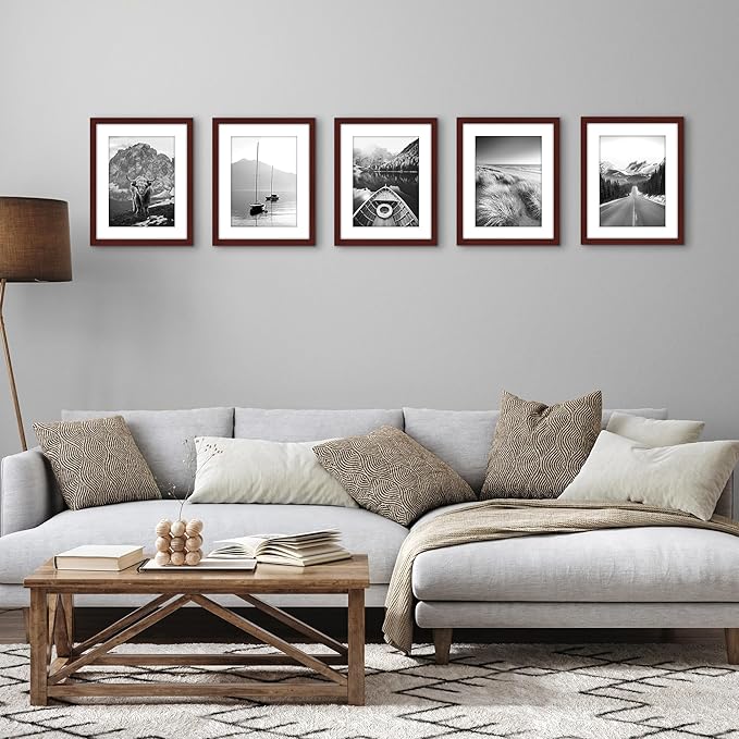 Americanflat 11x14 Picture Frame with Polished Plexiglass - Set of 5 - Use as 8x11 Frame with Mat or Display 11x14 Photo Without Mat - Galleria Collection - Picture Frames for Wall Display - Mahogany