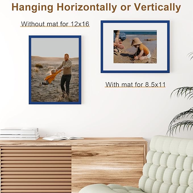 Vittanly 12x16 Picture Frame, Solid Wood Frame with Plexiglass, Includes 8.5x11 Mat, Wall Hanging for Photos, Home Decor, Royal Blue, 1 Pack