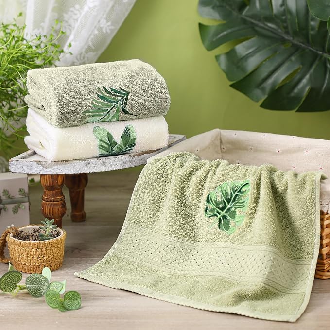 3 Pcs Sage Green Hand Towels Tropical Bathroom Kitchen Decor | Embroidered - Image 3
