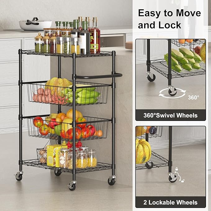 4-Tier Rolling Storage Cart with Adjustable Shelves & Baskets, Metal Utility Cart with 110lbs Capacity, Tool-Free Assembly for Kitchen, Bathroom, Living Room, Office, Black