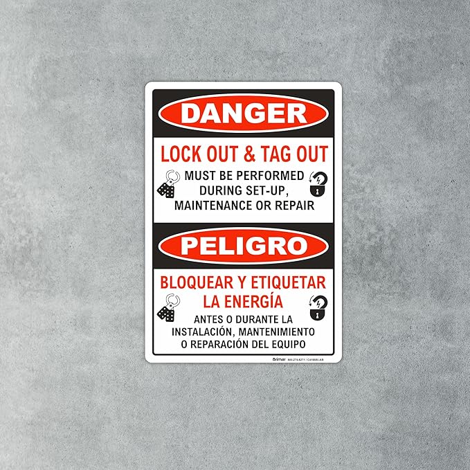 Brimar - 7 x 10" - Bilingual Danger Lock Out & Tag Out Sign - 3.5 Mil InfiniStick™ Vinyl Label - Clear Text And Symbol - Easy Installation