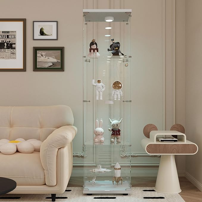 Yoluckea 4 Tiers Glass Display Cabinet with Paipai Light, 1 Door Floor Standing Curio Cabinet with Adjustable Floor Feet for Home Office Corner Display, White Glass Bookshelf for Collections and Decor