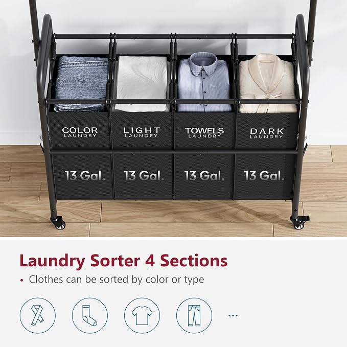 Tajsoon Laundry Sorter with Hanging Bar, 4 Section Laundry Hamper - Image 4