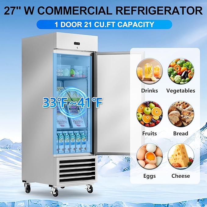 27" W Commercial Refrigerator, 21 Cu.ft Stainless Steel Reach-in Upright Refrigerator with Single Solid Door and 3 Adjustable Shelves for Restaurant, Commercial Kitchen, ETL Approved
