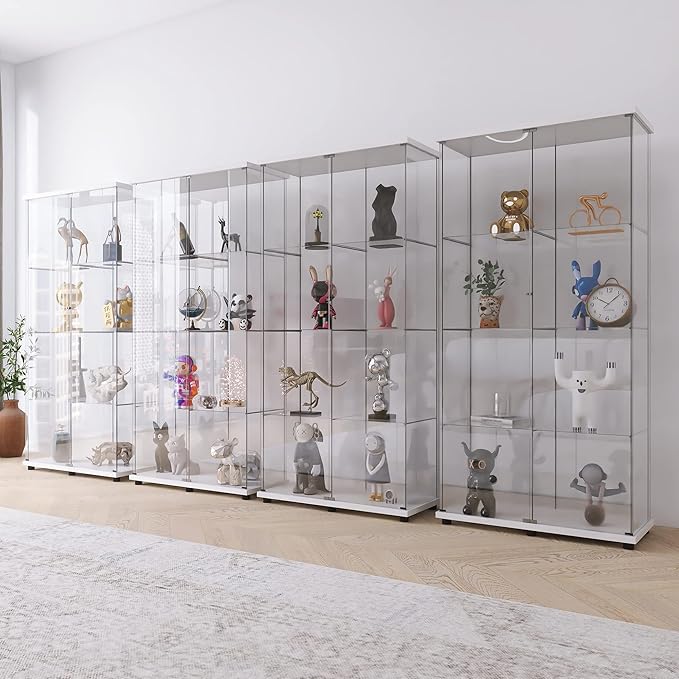 Yoluckea 4 Shelves Glass Display Cabinet with 2 Doors, Floor Standing Clear Glass Curio Cabinet Collection Display Case for Living Room Bedroom 64.56” x 31.69” x 14.37” White