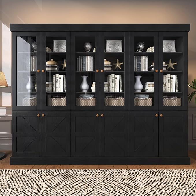 Vyre 71" Tall Farmhouse Kitchen Pantry, Set of 3 Large Storage Cabinets with Glass Doors, Adjustable Shelves, Wood Versatile Hutch Cabinet for Living Room, Dining Room, Black