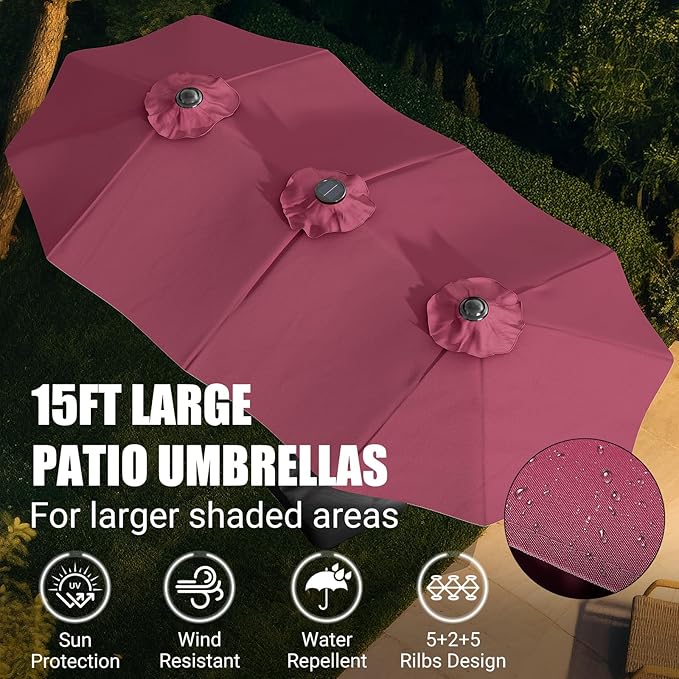 LEVELEVE 15FT Large Patio Umbrella with Base & Solar LED Lights - Double-Sided,Red