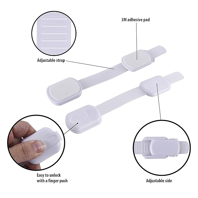 Child Safety Cabinet Locks (2 Pack) – Adjustable Baby Proofing Strap Latches with Strong 3M Adhesive – No Drill Childproof Locks for Drawers, Cabinets, Fridge, Door, Closet, Grey