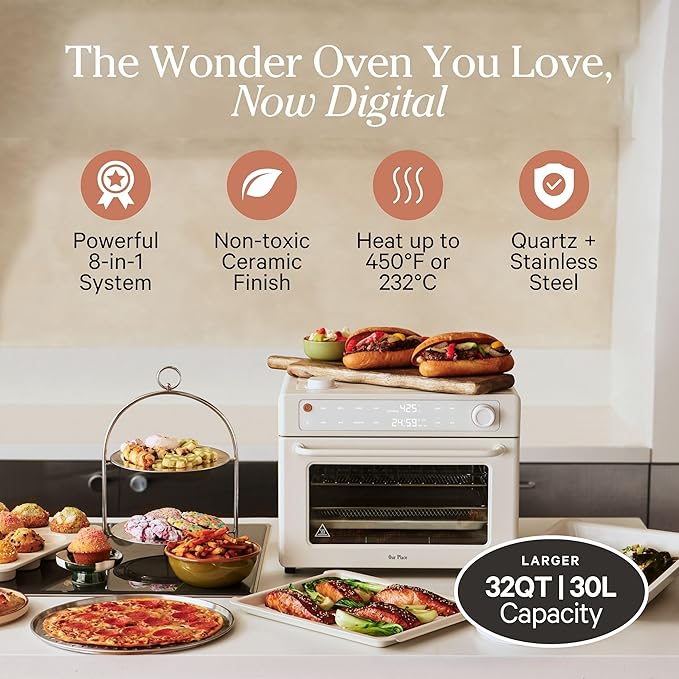 Our Place Wonder Oven Pro | 8-in-1 Digital Air Fryer & Countertop Oven with Basket, Rack, Pan & Tray | 3-Rack, 32 QT Capacity - Air Fry, Toast, Roast, Bake, Reheat, Broil, Proof & Dehydrate | Cream