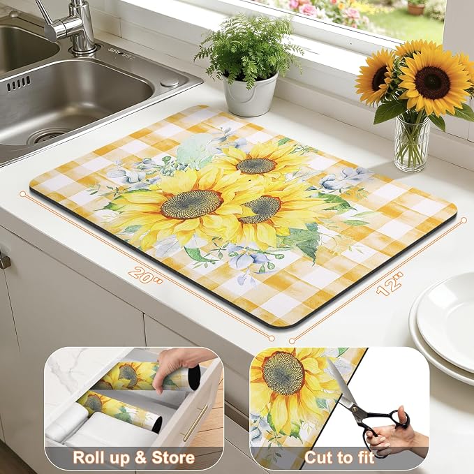 LOKHOM 12"x20" Dish Drying Mat，Sunflower Coffee Mat | Vintage Floral Prints - Image 2