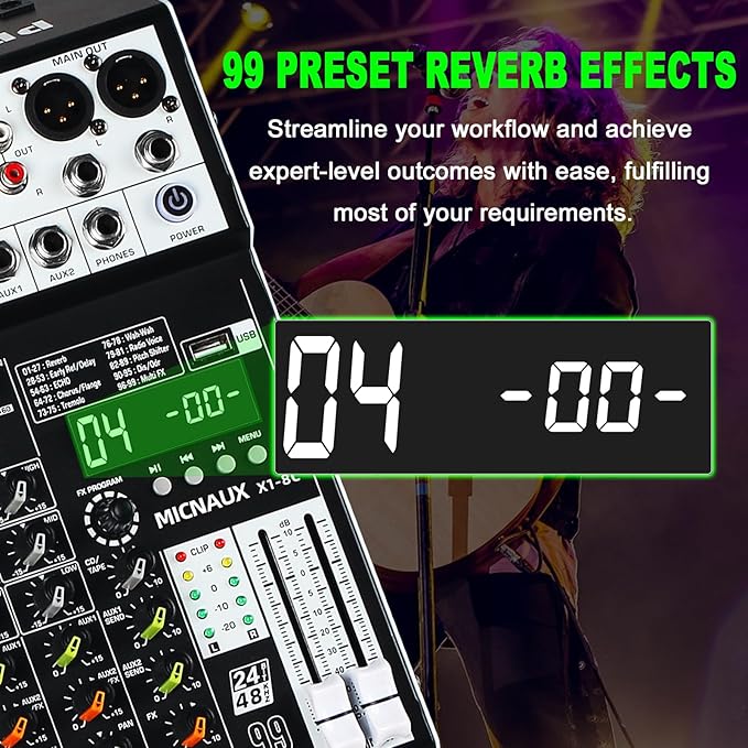 Audio Mixer 8 Channel Professional Sound Mixer Console with 99 DSP Effects, Mixing Board DJ Mixer w/USB, Bluetooth, 48V Power Supply, PAD Button for Recording Karaoke PA Drum Live Music