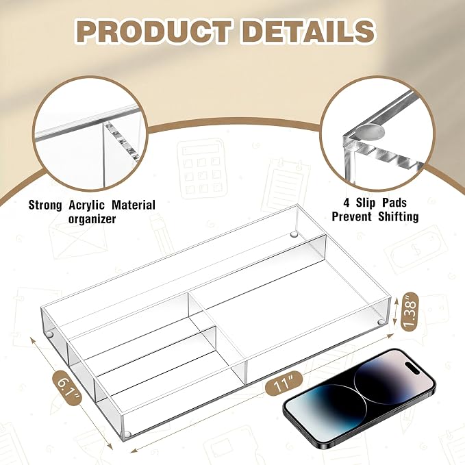 Briwooody Clear Acrylic Drawer Organizer, 4 Compartments, Small | 11 x 6.1 x - Image 2