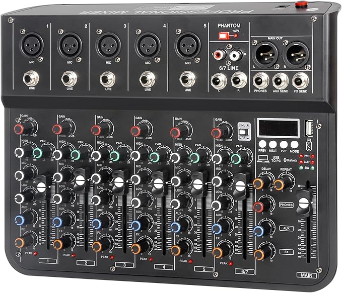 7 Channel mixer, DJ Mixer Board, Audio Sound Card with Interface Recording and 48V Phantom Power, Sounds Mixer Board with FX Reverb Delay Effect for Streaming