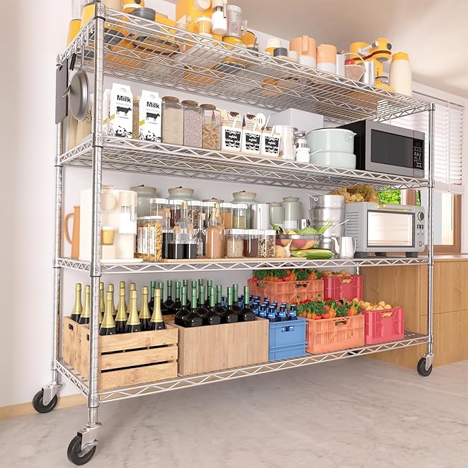 PrimeZone 4 Tier 55.5" Wx24 Dx76 H Wire Shelving with Wheels 2400lbs NSF Certified Storage Shelves Heavy Duty Metal Shelf Adjustable Rolling Rack Commercial Garage Restaurant Warehouse Chrome 3Pack