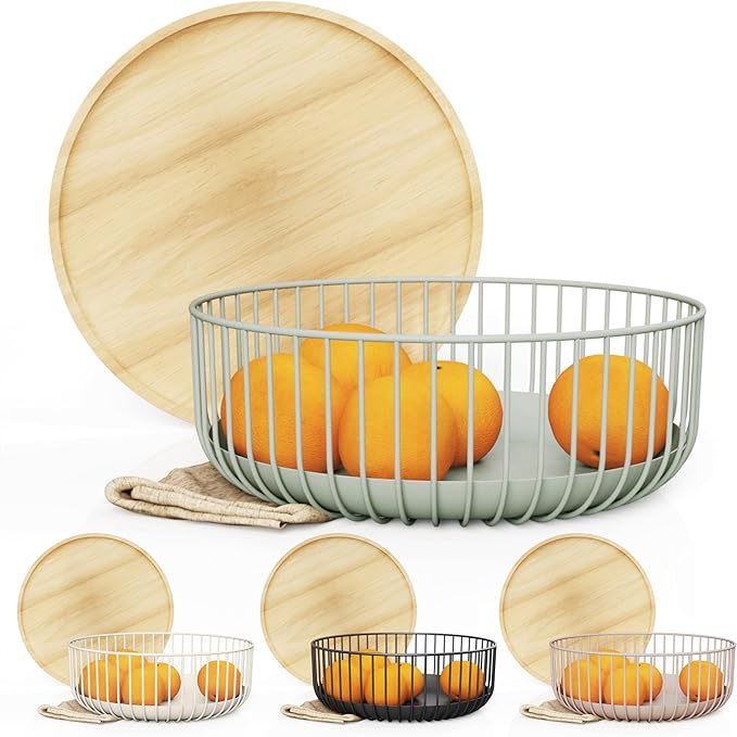 Fruit Basket with Wooden Bamboo Lid- Fruit Bowl For Kitchen Counter - Countertop Bin for Produce Fruits, Potato and Veggie - Metal Wire Baskets For Organizing - 11.4"x11.4"x4.5" - Green