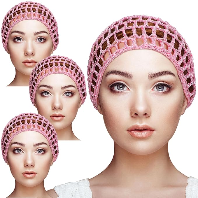 Geyoga 4 Pieces Mesh Crochet Hair Net Rayon Knit Snood Hat Thick Short Women Hairnet Snoods Cover Ornament for Sleeping (Pink)